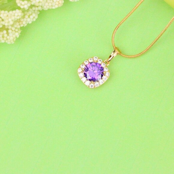 "Purple Round Stone Pendant in Gold Plated Brass with Crystal Halo, XPPT1772 - Picture 13 of 13